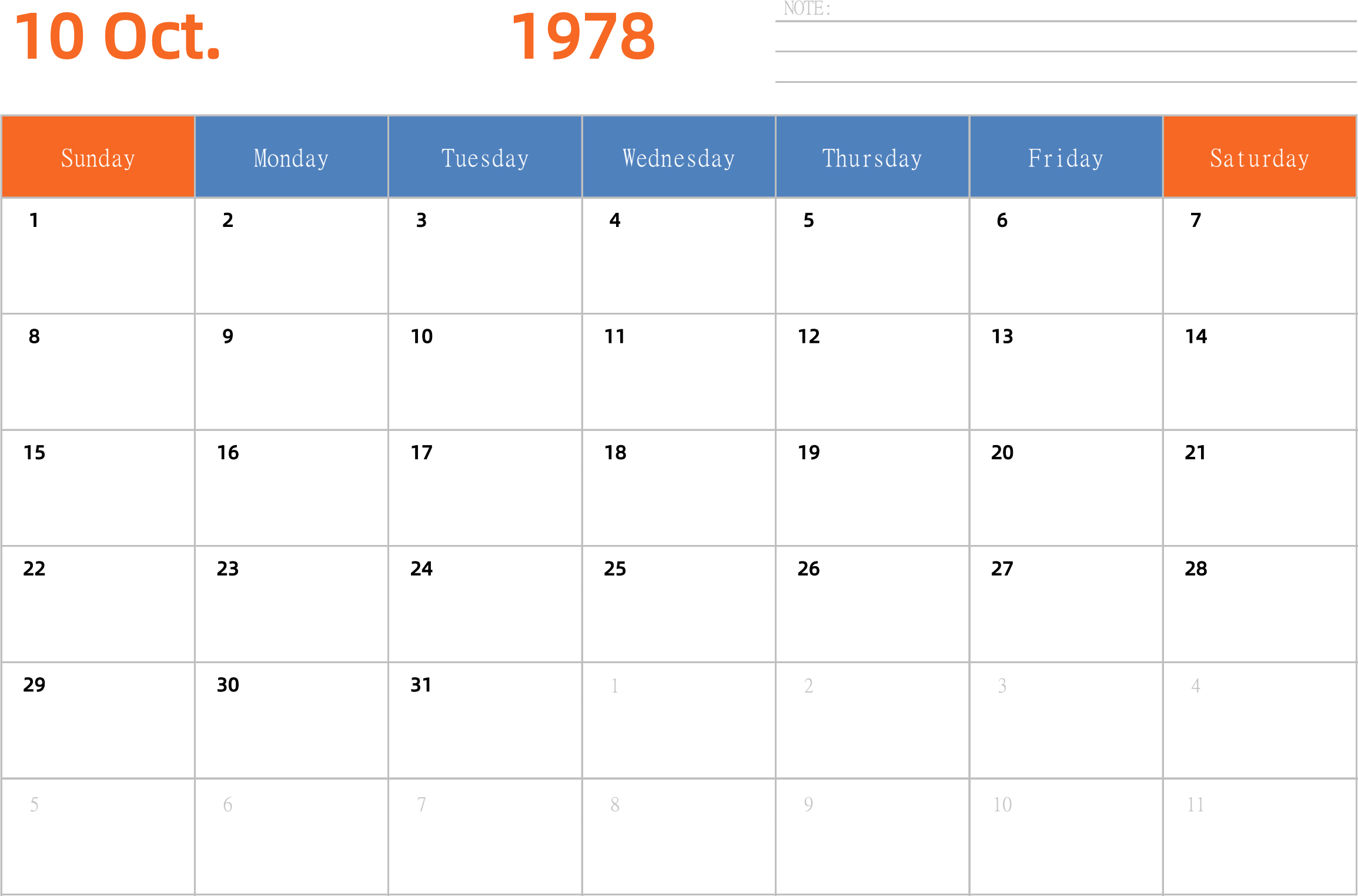 日历表1978年日历 英文版 横向排版 周日开始